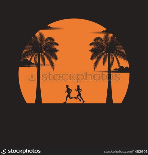 Men and women running exercise outdoor. Silhouette of a couple running at sunset with the sun in the background. Health care concept. fitness, sport, people, beach, lifestyle. vector illustration flat