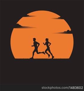 Men and women running exercise outdoor. Silhouette of a couple running at sunset with the sun in the background. Health care concept. fitness, sport, people, lifestyle. vector illustration flat design