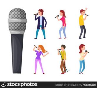 Men and women singing, microphone and singers isolated vector characters. Pop artists or performers, celebrities sing songs and musical electric device. Singers and Microphone, Men and Women Singing