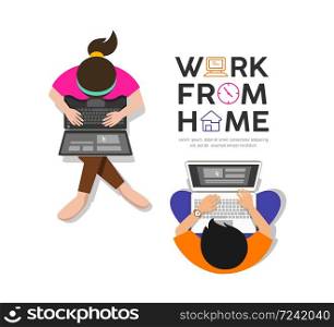 Men and women sit and use computers at work from home. isolated on white background, vector illustration
