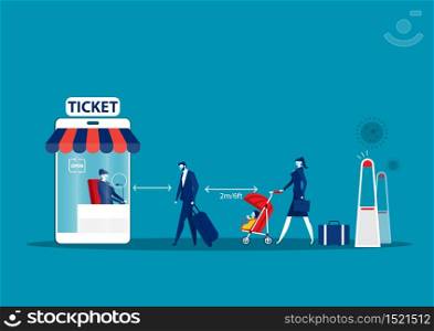 Men and women stand queue at ticket offices,cocept they keep their distance. Vector