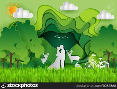 Men and women stand together Wild animals are staring In the midst of nature. Green abstract background design template. Paper art style and eco concept environment conservation.Vector illustration.