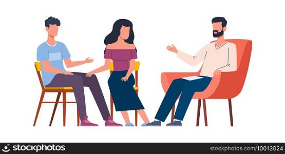 Men and women talking to psychotherapist. Group and family therapy, husband and wife talk to male psychologist. Psychoanalysis and psychotherapy, mental problems counseling, vector flat illustration. Men and women talking to psychotherapist. Group and family therapy, husband and wife talk to psychologist. Psychoanalysis and psychotherapy, mental problems counseling vector illustration
