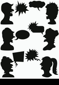 men and women talking with speech bubbles