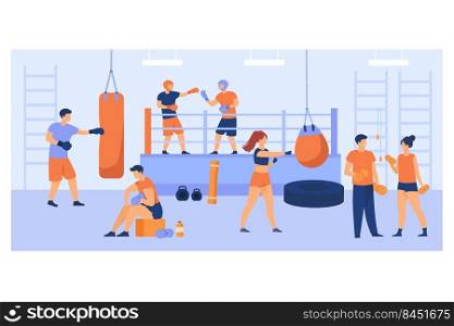 Men and women training in boxing club, exercising with punch bags, sparing on ring, lifting weight. For fight club, sport, active lifestyle concept