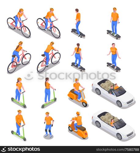 Men and women using various personal transport isometric icons set isolated on white background 3d vector illustration