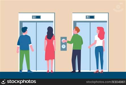 Men and women waiting for elevator. People group standing together in front of closed sliding doors. Male and female in office lobby. House building hallway. Guy pressing lift buttons. Vector concept. Men and women waiting for elevator. People standing together in front of closed sliding doors. Male and female in office lobby. Building hallway. Guy pressing lift buttons. Vector concept