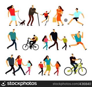 Men and women walking outdoor. Vector cartoon active characters in various lifestyles in street. Woman and man walk with family illustration. Men and women walking outdoor. Vector cartoon active characters in various lifestyles in street