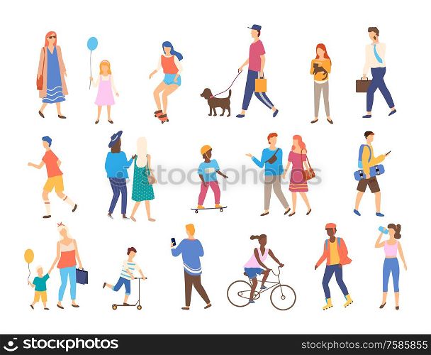 Men and women with children outside, outdoor activities vector. Walking and skateboarding, chracters with pets and businessman, riding bicycle and scooter. Outdoor Activity, Men and Women with Children