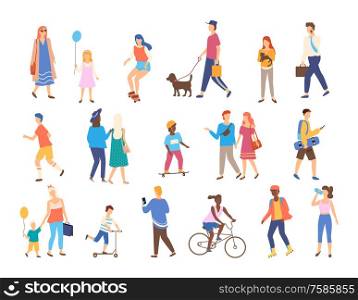 Men and women with children outside, outdoor activities vector. Walking and skateboarding, chracters with pets and businessman, riding bicycle and scooter. Outdoor Activity, Men and Women with Children