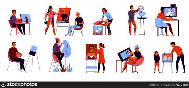 Men and women with creative professions at work flat icons set isolated on white background vector illustration