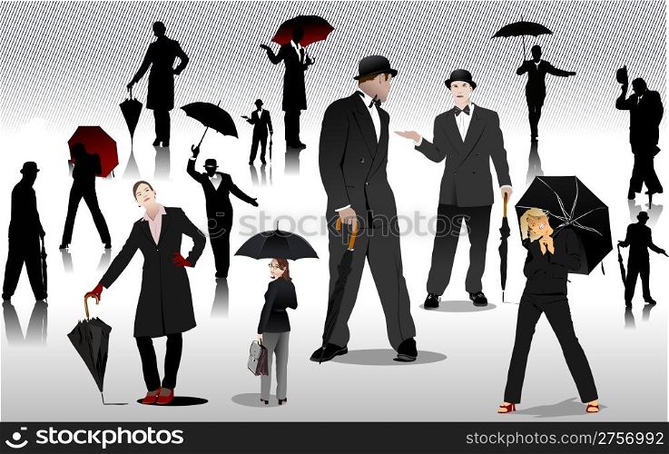 Men and women with umbrella silhouettes. Vector