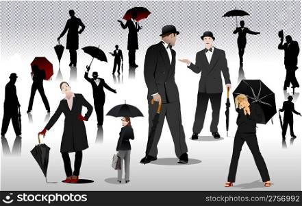 Men and women with umbrella silhouettes. Vector