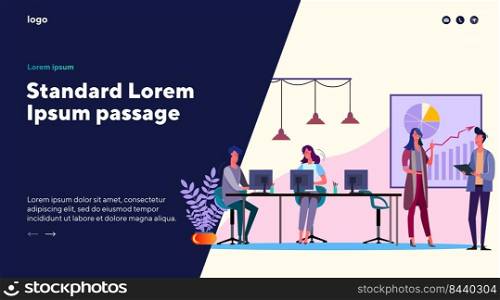 Men and women working at office. Business people creating project flat vector illustration. Discussion, teamwork, planning concept for banner, website design or landing web page 