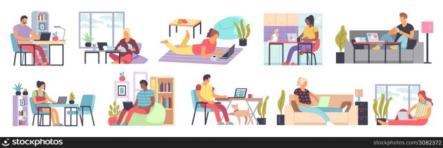 Men and women working home. Distance comfort work in home office people sitting on sofa or armchair with laptop computer or smartphone in living room interior freelance concept flat cartoon vector set. Men and women working home. Distance work in home office people sitting on sofa or armchair with laptop or computer in living room interior freelance concept flat cartoon vector set