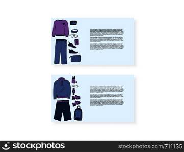 Men apparel and accessories cards set in doodle style. Collection of male clothes, shoes. Vector illustration.
