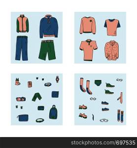 Men apparel and accessories set in doodle style. Collection of male clothes, shoes isolated on white background. Vector illustration.