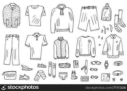 Men apparel and accessories set in doodle style. Collection of male clothes, shoes isolated on white background. Vector black and white design illustration.