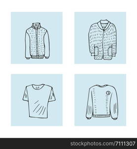 Men apparel in doodle style. Collection of male clothes. Vector illustration.