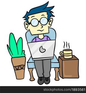 men are working on tasks in front of the laptop. cartoon illustration cute sticker