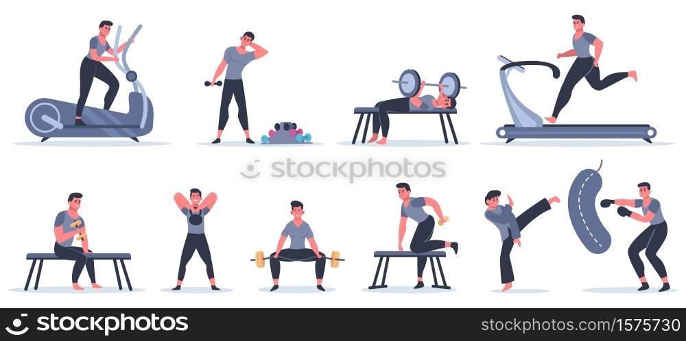 Men at sport gym. Male fitness character run, pull up, work with punching bag, sport character exercise at sport gym vector illustration set. Male training in sportswear, healthy lifestyle. Men at sport gym. Male fitness character run, pull up, work with punching bag, sport character exercise at sport gym vector illustration set