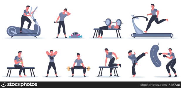Men at sport gym. Male fitness character run, pull up, work with punching bag, sport character exercise at sport gym vector illustration set. Male training in sportswear, healthy lifestyle. Men at sport gym. Male fitness character run, pull up, work with punching bag, sport character exercise at sport gym vector illustration set