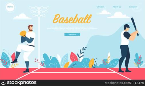 Men Athletes in Uniform Playing Baseball at Championship Competition. Pitcher Throw Ball to Batter Hitter on Stadium. Sports Players in Action, Tournament. Cartoon Flat Vector Illustration, Banner. Baseball at Championship Competition, Sport Game