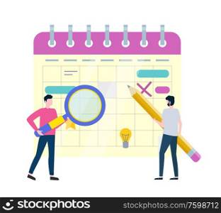 Men back view holding loupe and pencil, people standing near notebook list decorated by star, cross and lines, light bulb, workers and paper vector. Workers with Planner, Filling Schedule Vector