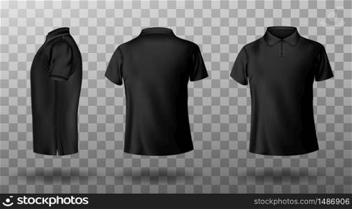 Men black polo shirt front and back view. Vector realistic mockup of male blank t-shirt with collar and short sleeves, sport or casual apparel isolated on transparent background. Realistic mockup of male black polo shirt