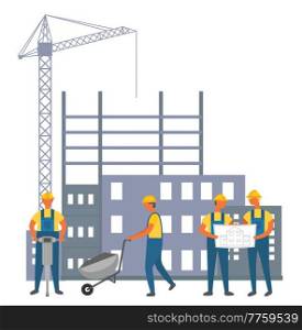 Men builders in uniform and helmet work with equipment, talking about drawings of architectural project on building construction background flat vector. Workers build a house with a tower crane. Men builders in uniform and helmet work with equipment and drawings on building construction