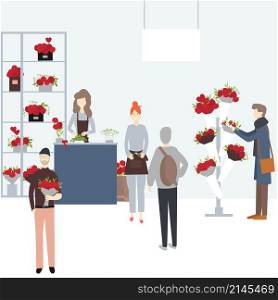 Men buy flowers for Valentine&rsquo;s day in flower shop. Vector illustration