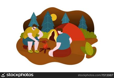 Men Camping Grilling Meat with Campfire Near by Tent Flat Design Illustration
