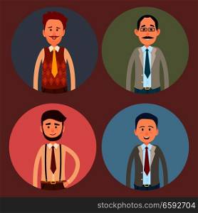 Men character four round colorful icons collection. Vector poster of circles with isolated male people with ties and in shirts portraits in circles with blue, pink, green and grey backgrounds.. Men Character Four Colorful Icons Collection.