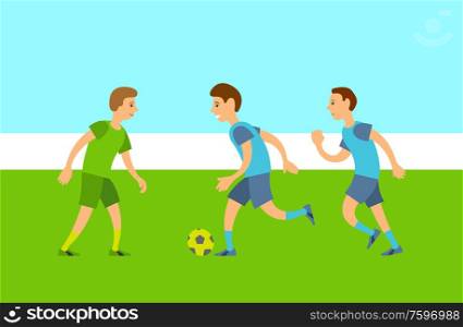 Men character playing football, group of males running with ball on field, people full length view in sportswear, competition or training, match vector. Group of People Playing Football, Match Vector