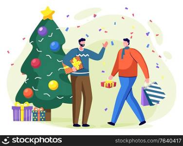 Men characters carrying colorful gift box and package. People standing near Christmas tree and celebration winter holiday. Person in casual clothes giving present near traditional Xmas wood vector. Man with Present Box near Christmas Tree Vector