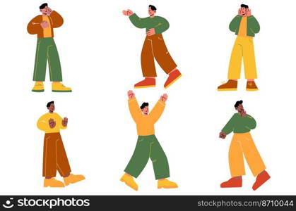 Men characters with negative emotions, scared, confused, amazed and indignant face expression. Vector flat illustration of diverse guys surprised, in panic, annoyed and with stop gesture. Men characters with negative emotions