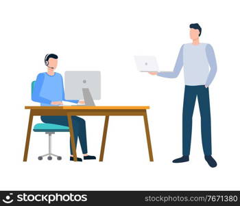 Men communication with computer, manager using monitor, portrait view of employee characters working with wireless device, technology with pc vector. Workers working with Laptop, People and Pc Vector