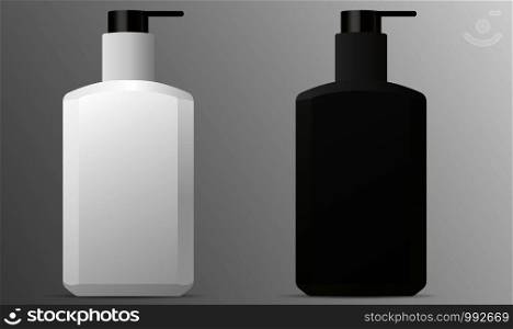 Men cosmetics bottle set. Pump dispenser packaging for liquid gel, soap, lotion and other skin and face care products. 3d illustration design.. Men cosmetics bottle set. Pump dispenser packaging
