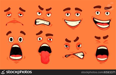 Men cute mouth eyes facial expressions gestures of surprise fear disgust sadness pleasure cartoon set vector illustration . Cartoon Men Mouth Set