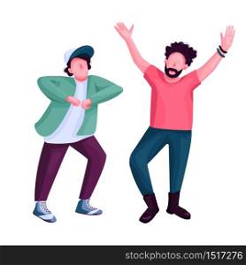 Men dancing flat color vector faceless character. Stylish friends at nightclub disco party. Modern dance, guys at discotheque isolated cartoon illustration for web graphic design and animation