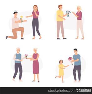 Men different ages give bouquet of flowers. Vector gift bouquet for happy people, man present flowers to person illustration. Men different ages give bouquet of flowers