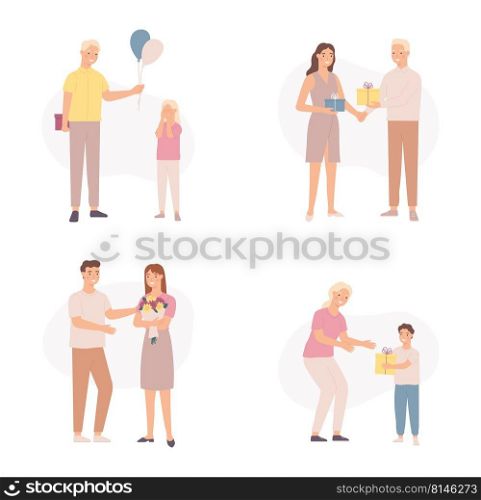 Men different ages give gift to women and kids. Boy presenting balloons to little girl. Couple holding presents for holiday, girlfriend carrying flowers, son with gift box for mother vector set. Men different ages give gift to women and kids. Boy giving balloons to little girl. Couple holding presents for holiday