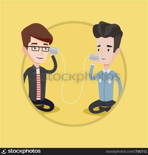 Men discussing something using tin can phone. Guy getting message from friend on tin can phone. Friends talking through tin phone. Vector flat design illustration in the circle isolated on background.. Young friends talking through tin phone.