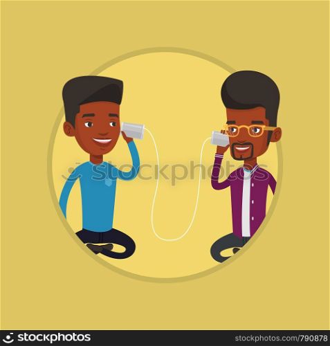 Men discussing something using tin can phone. Guy getting message from friend on tin can phone. Friends talking through tin phone. Vector flat design illustration in the circle isolated on background.. Young friends talking through tin phone.