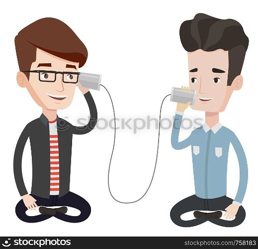 Men discussing something using tin can telephone. Guy getting message from friend on tin can phone. Friends talking through a tin phone. Vector flat design illustration isolated on white background.. Young friends talking through tin phone.