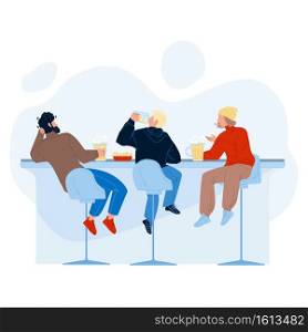 Men Drink Beer And Talk In Alcohol Bar Vector. Young Guys Drinking Alcoholic Brewed Beverage, Eating Snack And Discussing Together At Bar Counter. Characters In Pub Flat Cartoon Illustration. Men Drink Beer And Talk In Alcohol Bar Vector