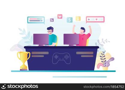 Men earn from e-sports at home. Two cybersport players competing for trophy. Concept of e-sport, competition and video games. Male characters plays in video games at computer. Vector illustration. Men earn from e-sports at home. Two cybersport players competing for trophy. Concept of e-sport, competition and video games