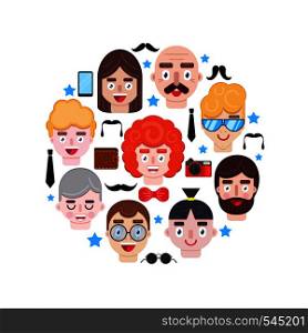 Men faces and accessories on white background.Vector illustration
