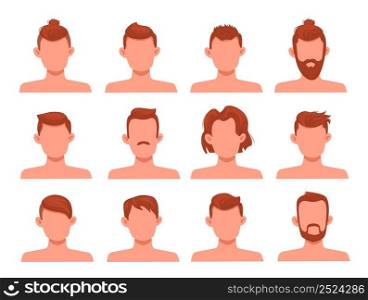 Men hairstyles. Different modern male haircuts, hipster and classic trendy style, short and long, brown mustaches and beards on mannequins, professional hairstyle in barbershop, vector isolated set. Men hairstyles. Different modern male haircuts, hipster and classic trendy style, short and long, brown mustaches and beards on mannequins, professional hairstyle in barbershop vector set