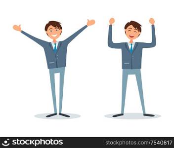 Men happy because of success, successful bosses, flat style vector. Chief executive ceo workers having good mood. Entrepreneurs with broad smile on face. Men Happy Because of Success, Successful Bosses
